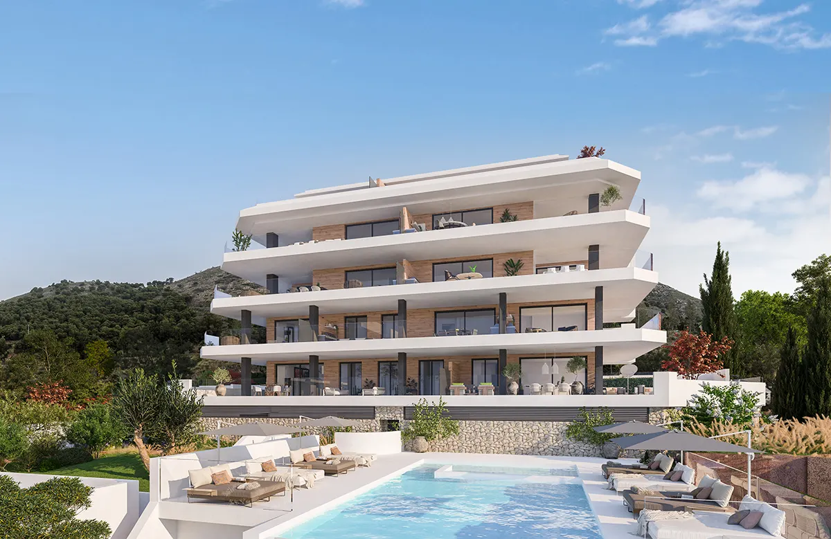 Building exterior with pool